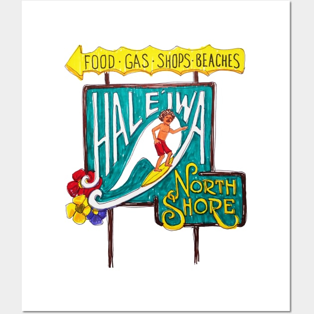 Haleiwa North Shore Sign Man Drawing Wall Art by HaleiwaNorthShoreSign